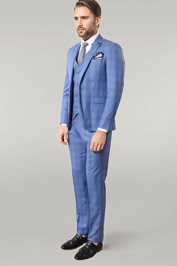 Checked Light Blue Men Suit - Wessi