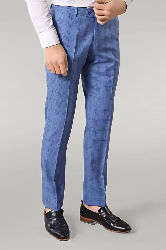 Checked Light Blue Men Suit - Wessi