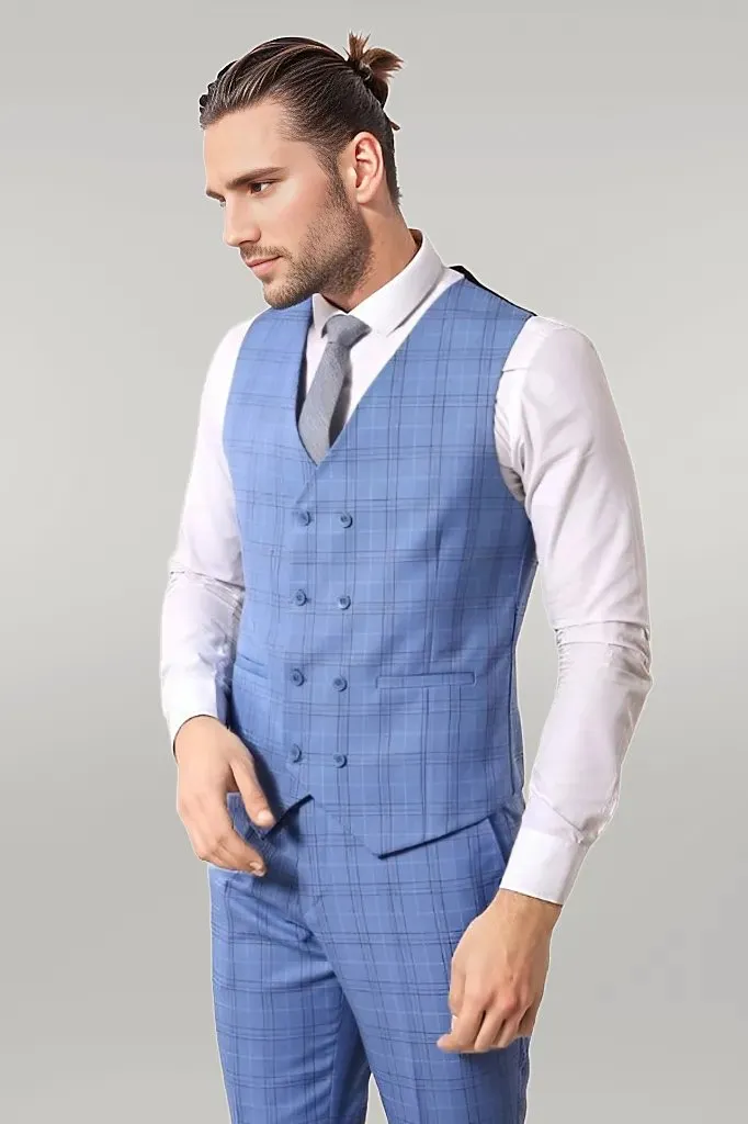 Checked Light Blue Men Suit - Wessi