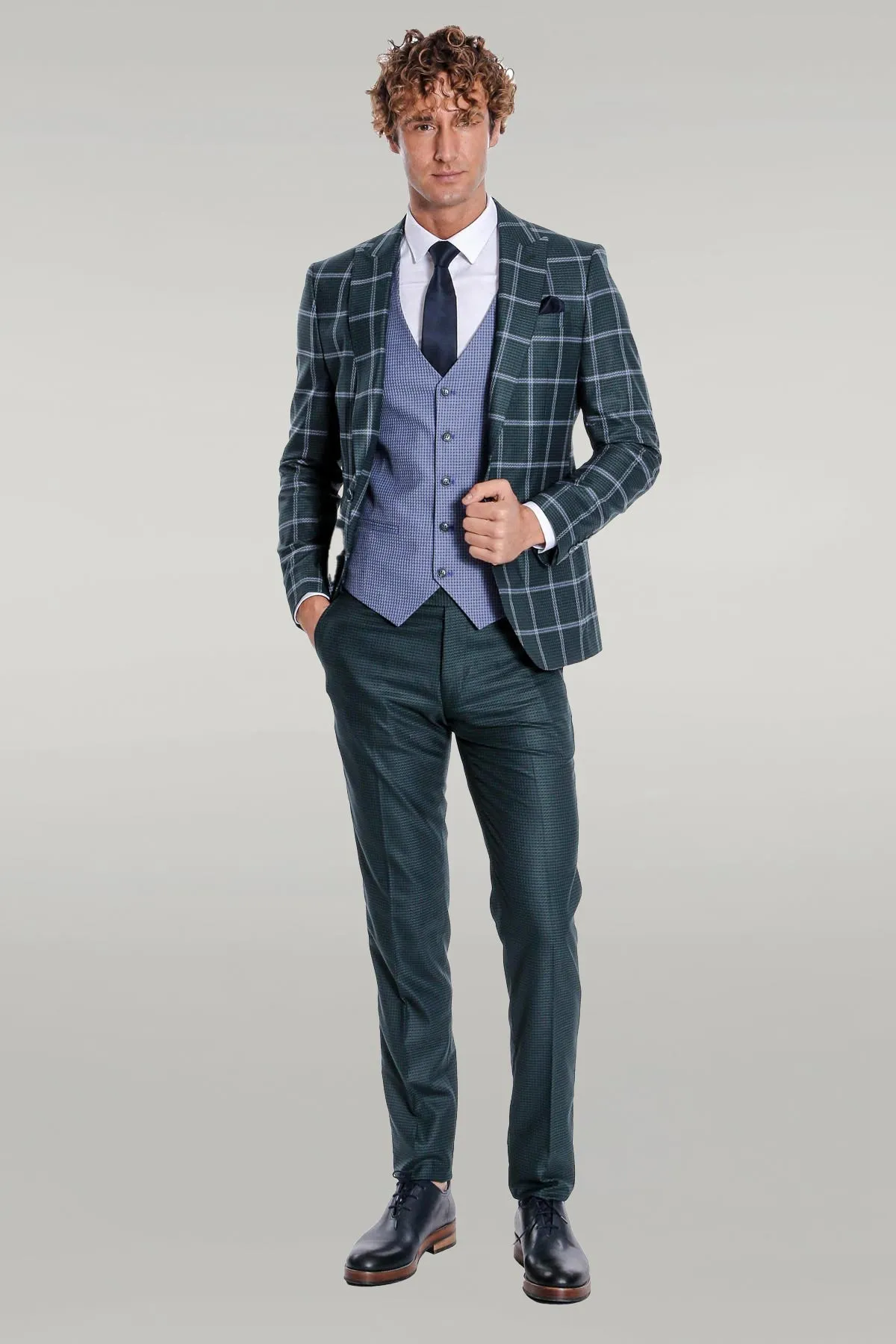 Checked Patterned Slim Fit Green Men Suit - Wessi