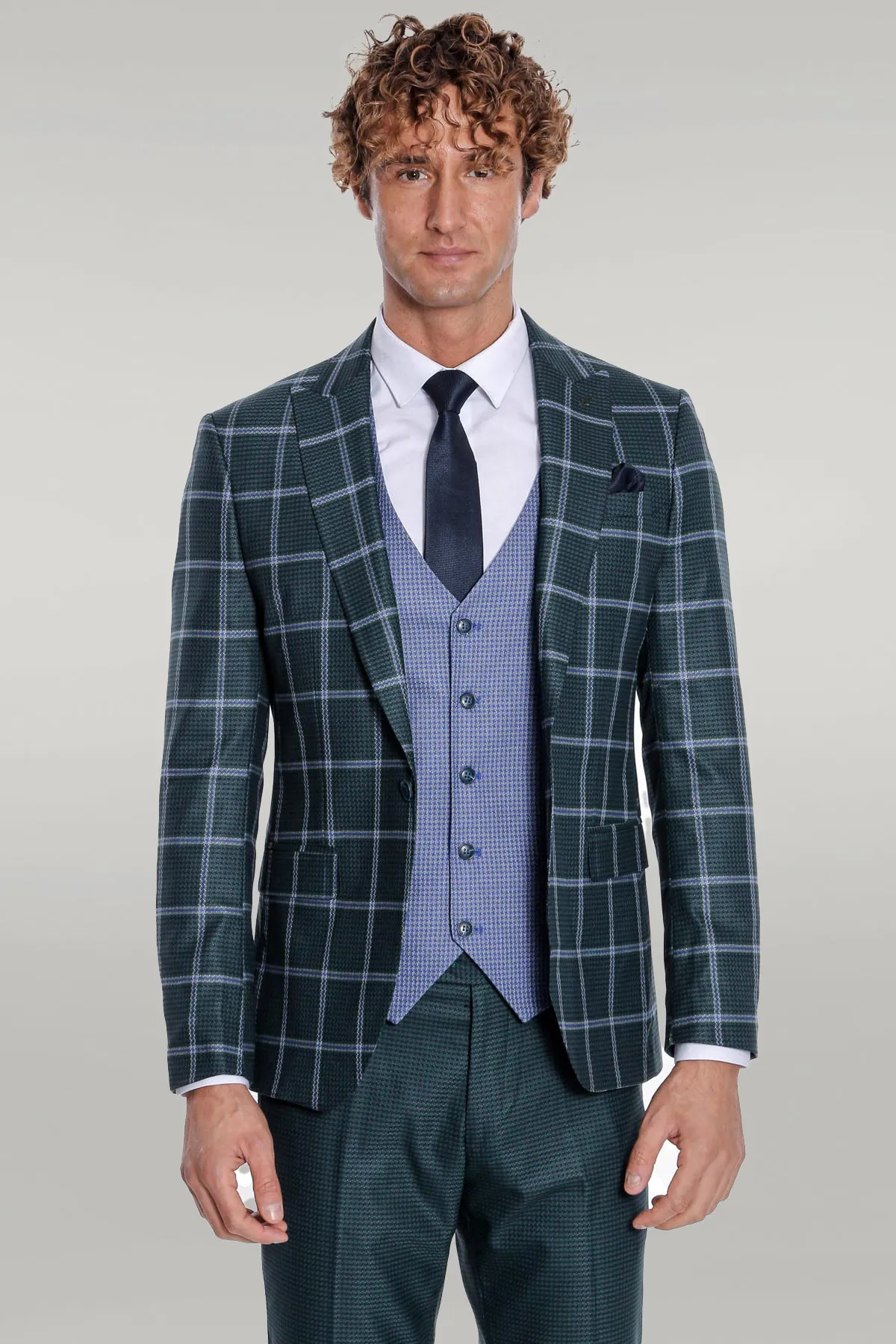 Checked Patterned Slim Fit Green Men Suit - Wessi