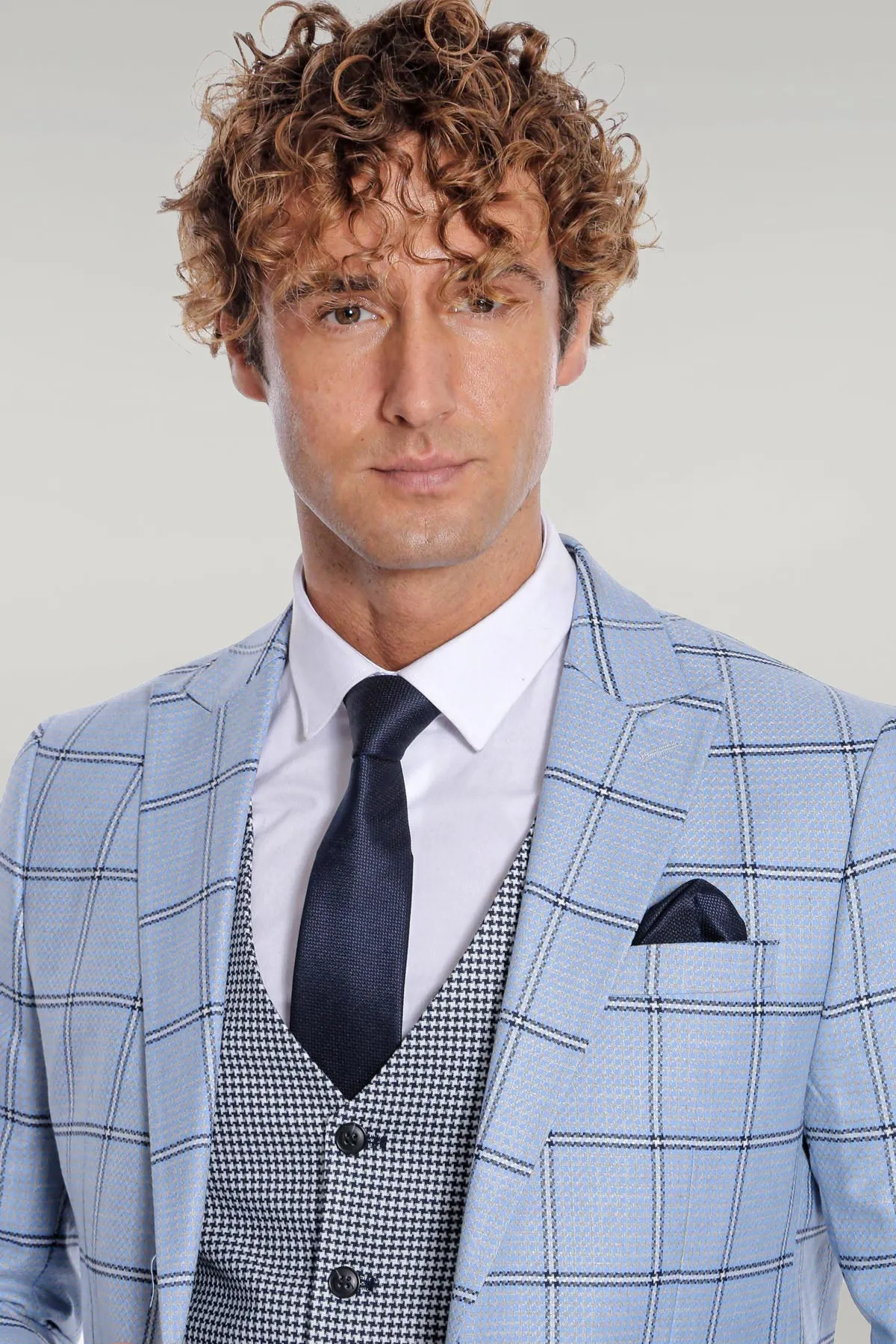 Checked Patterned Slim Fit Light Blue Men Suit - Wessi