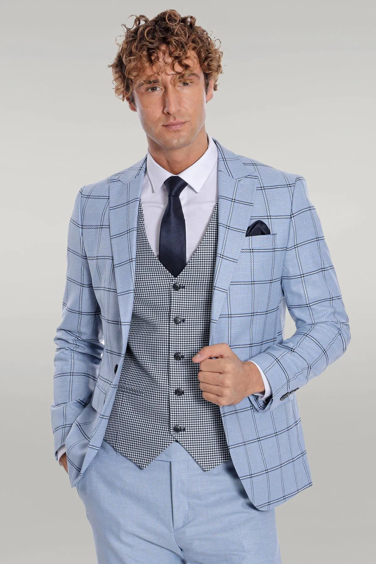 Checked Patterned Slim Fit Light Blue Men Suit - Wessi