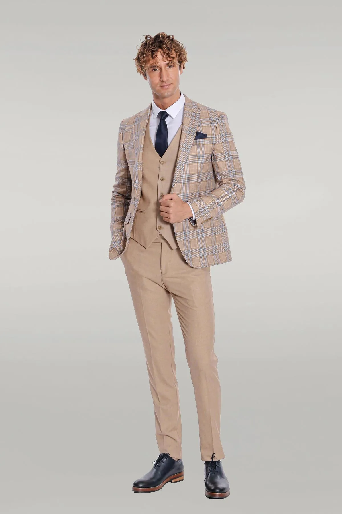 Checked Slim Fit Beige Men Suit - Wessi