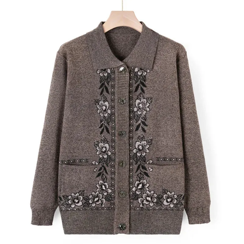 christmas outfit Sonicelife New Middle Aged Elderly Mother Woolen Coat Lapel Collar Women Spring Autumn Knitted Cardigan Sweater Female Knitwear Jacket