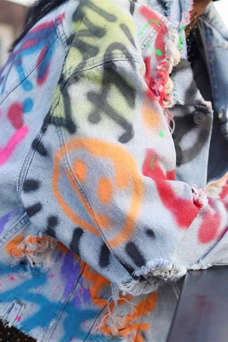 CI610 Distressed Denim Graffiti Jacket