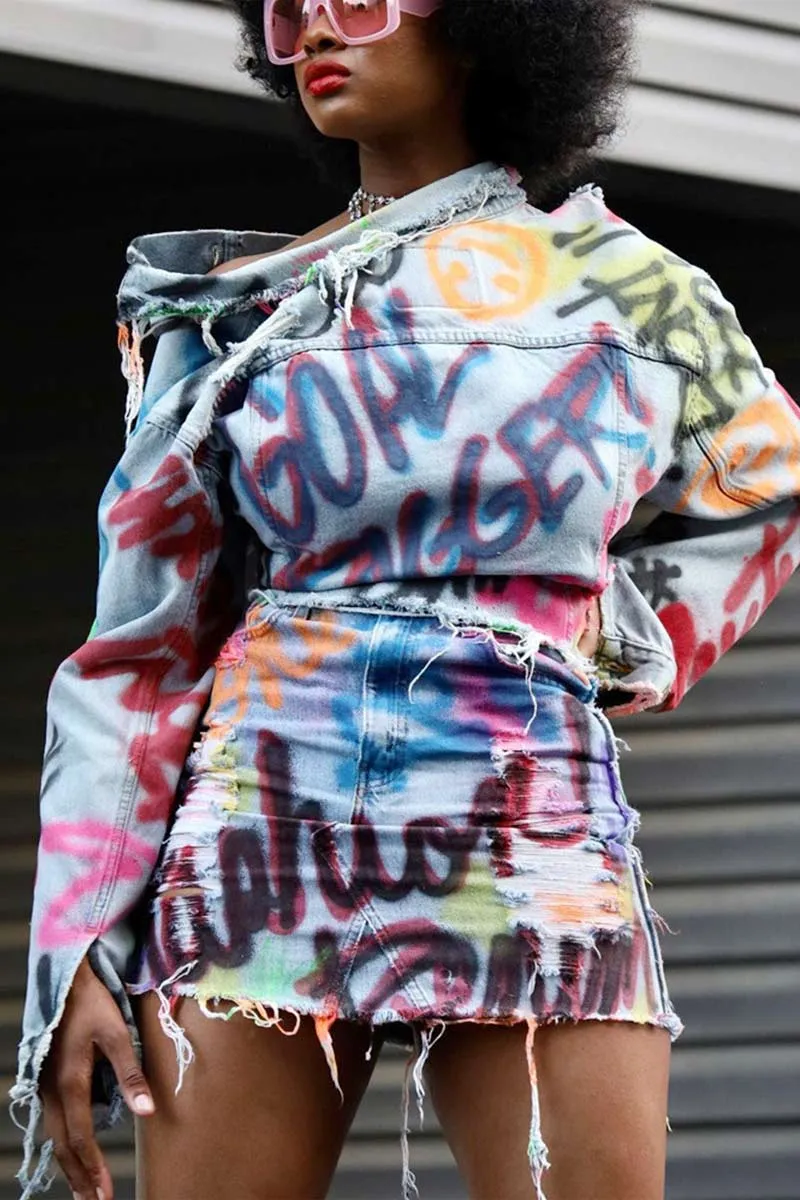 CI610 Distressed Denim Graffiti Jacket