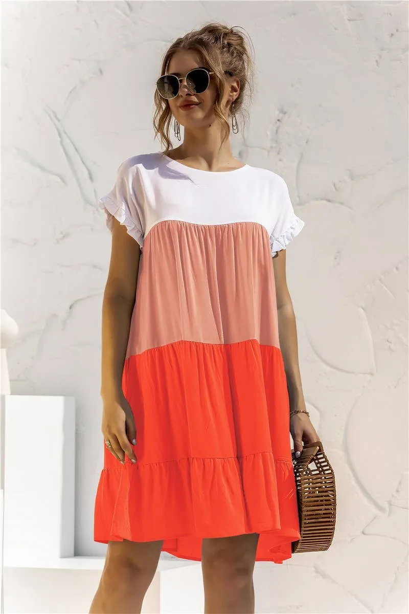 COLOR BLOCKING SHORT SLEEVED LOOSE FITTING DRESS_CWDSD2466