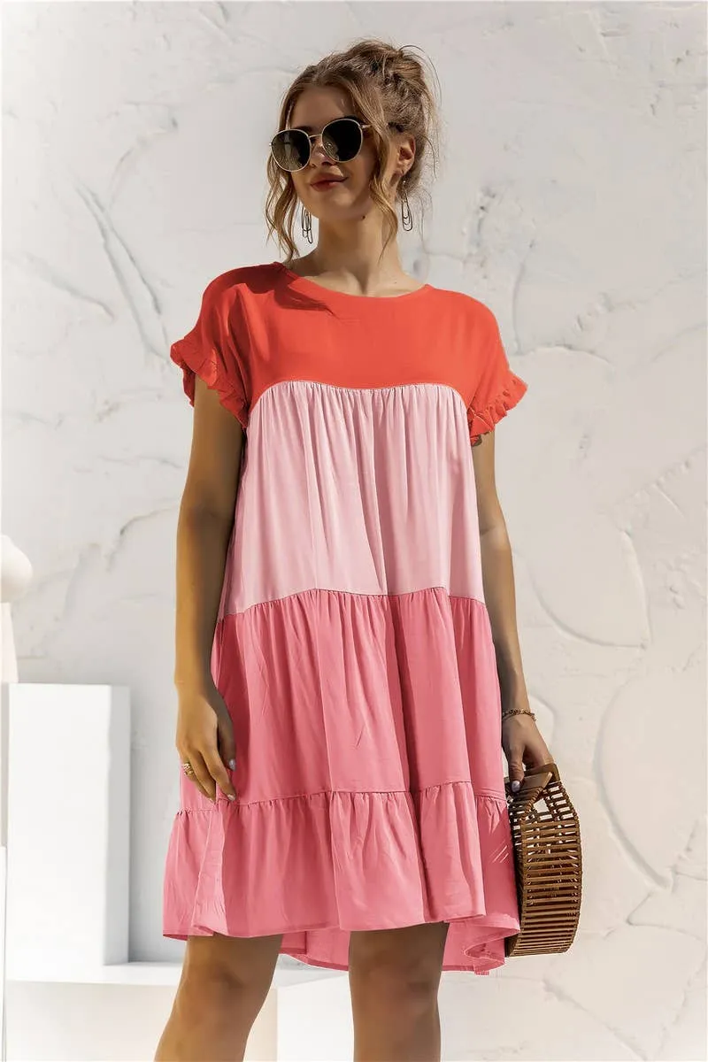 COLOR BLOCKING SHORT SLEEVED LOOSE FITTING DRESS_CWDSD2466