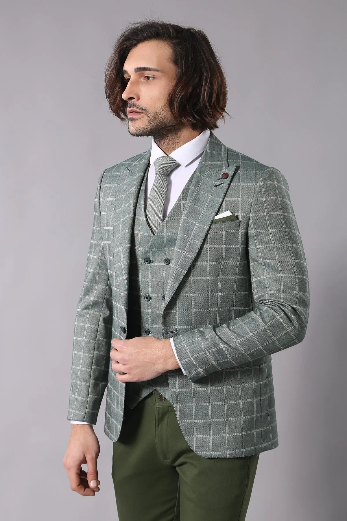 Combined Vested Green Plaid Men's Suit - Wessi