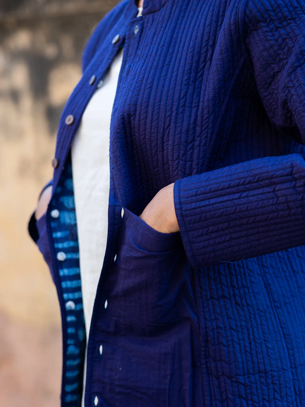 Cotton Quilted Beverly Indigo Blues Reversible Hand Block Print Women’s Long Jacket