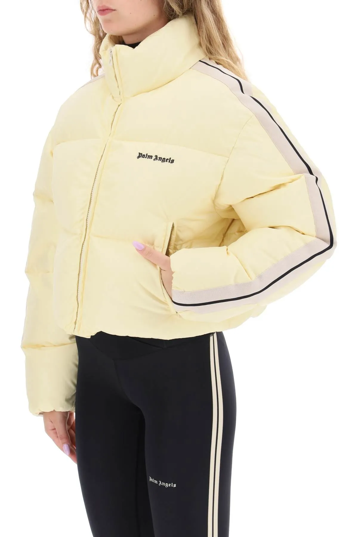 cropped puffer jacket with bands on sleeves