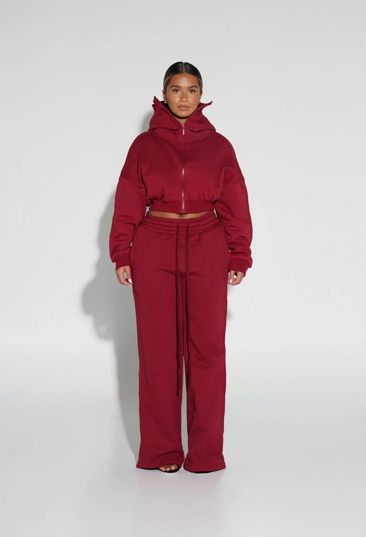 Cropped Zip-Up Hooded Jacket - Fine Wine