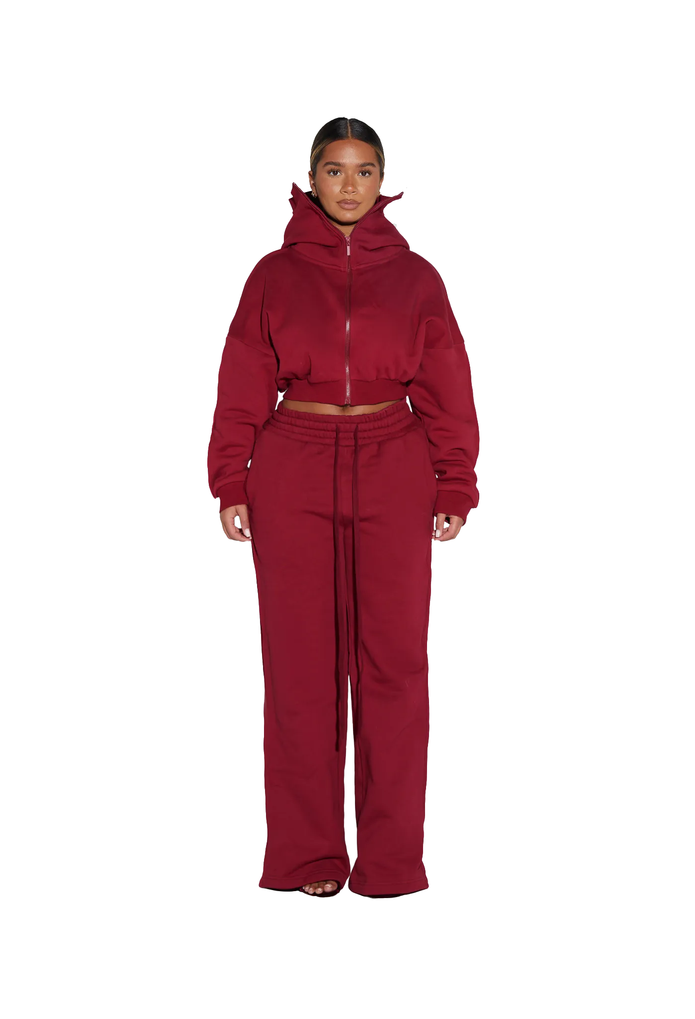 Cropped Zip-Up Hooded Jacket - Fine Wine