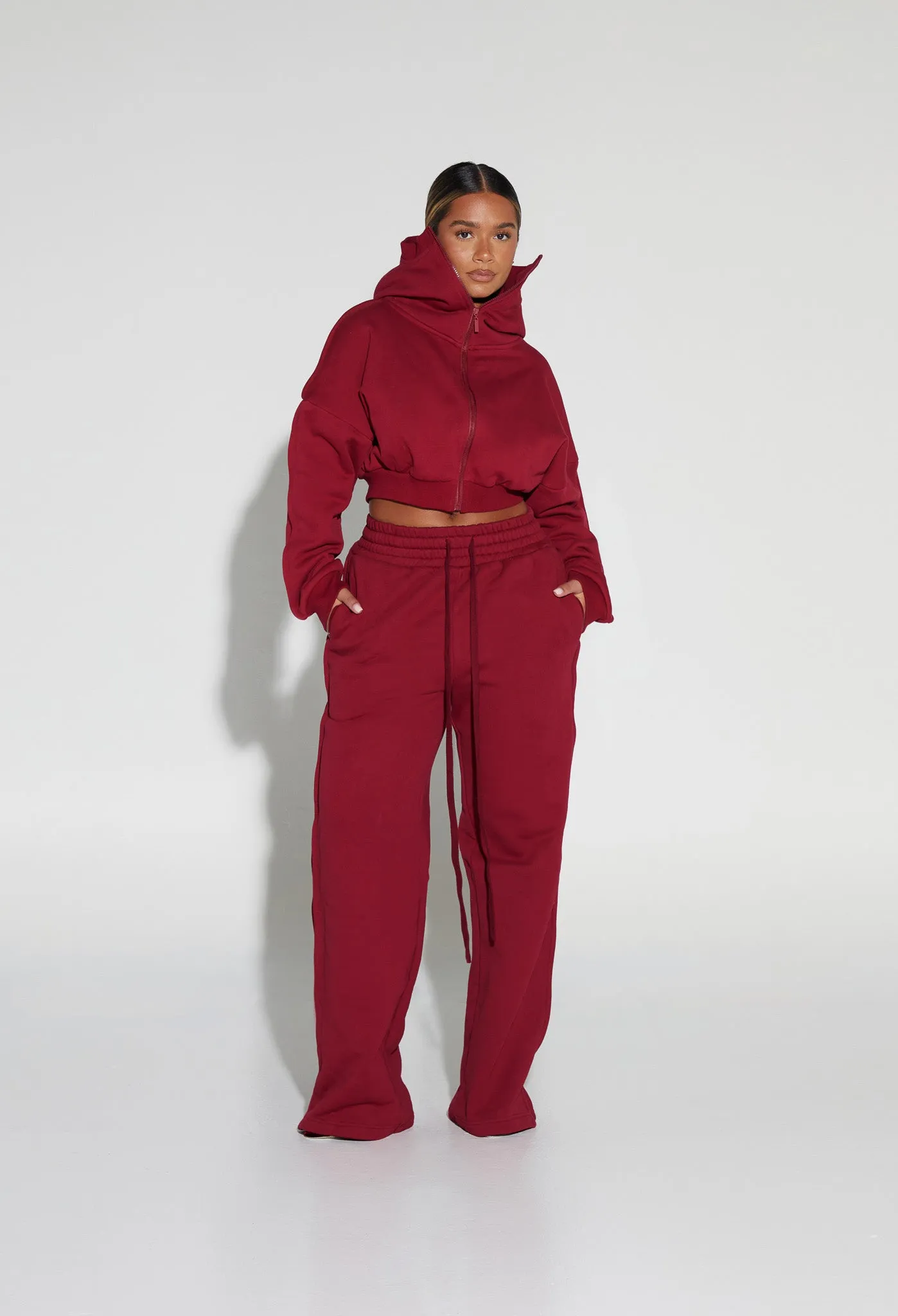 Cropped Zip-Up Hooded Jacket - Fine Wine