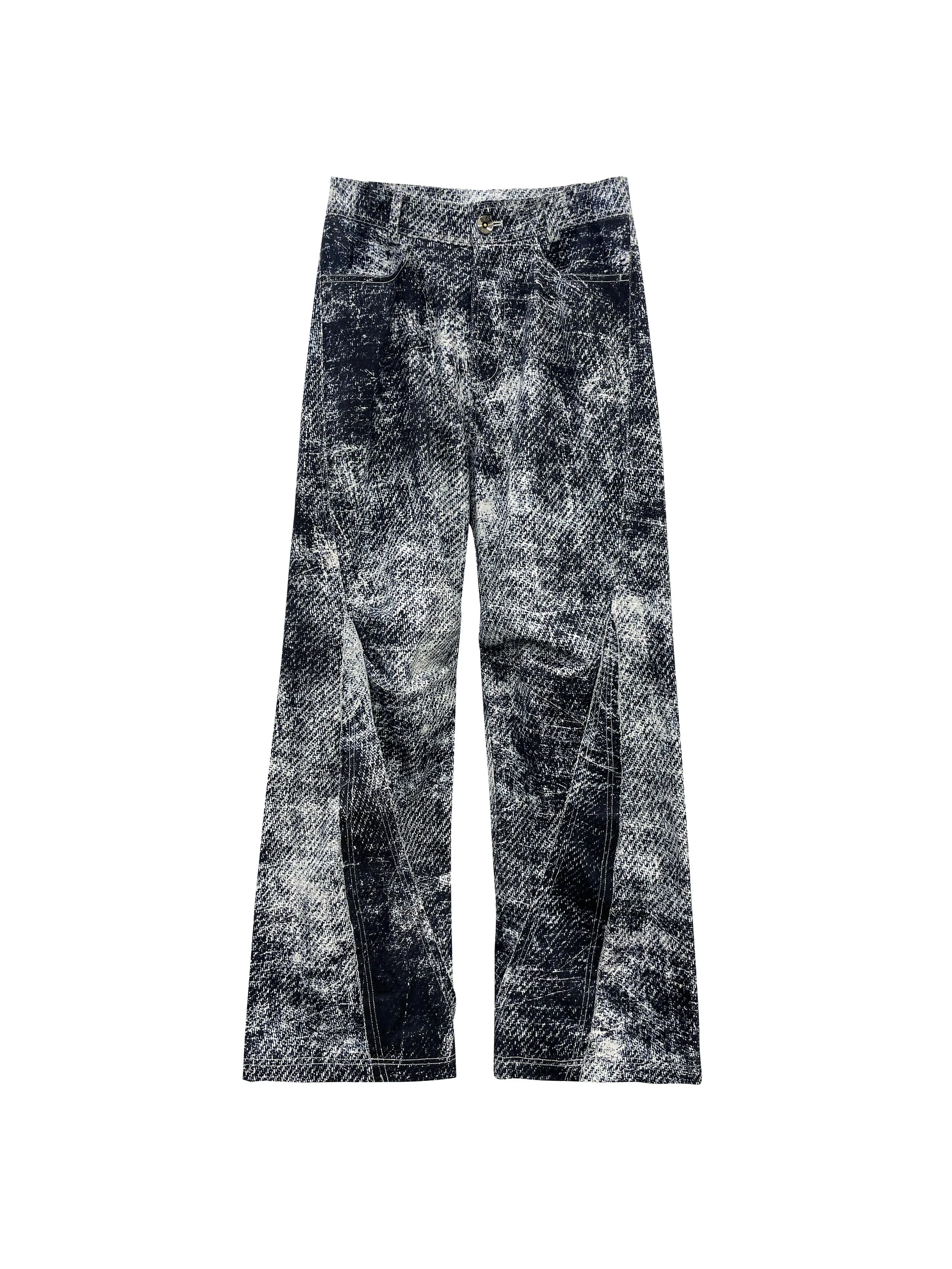 Curved printed denim pants