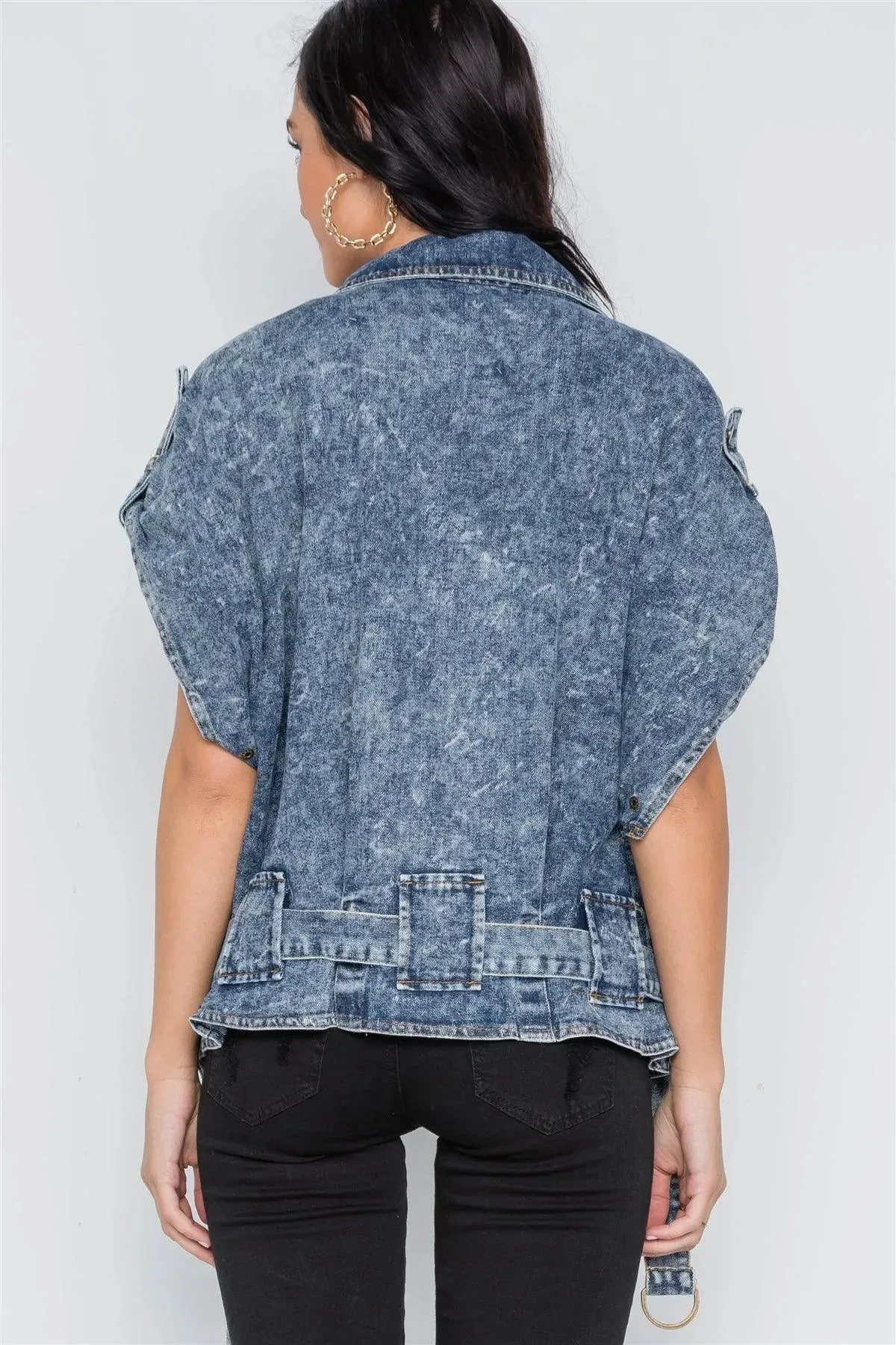 Dark Blue Denim Batwing Snap Button Retro Jacket /2-2-2