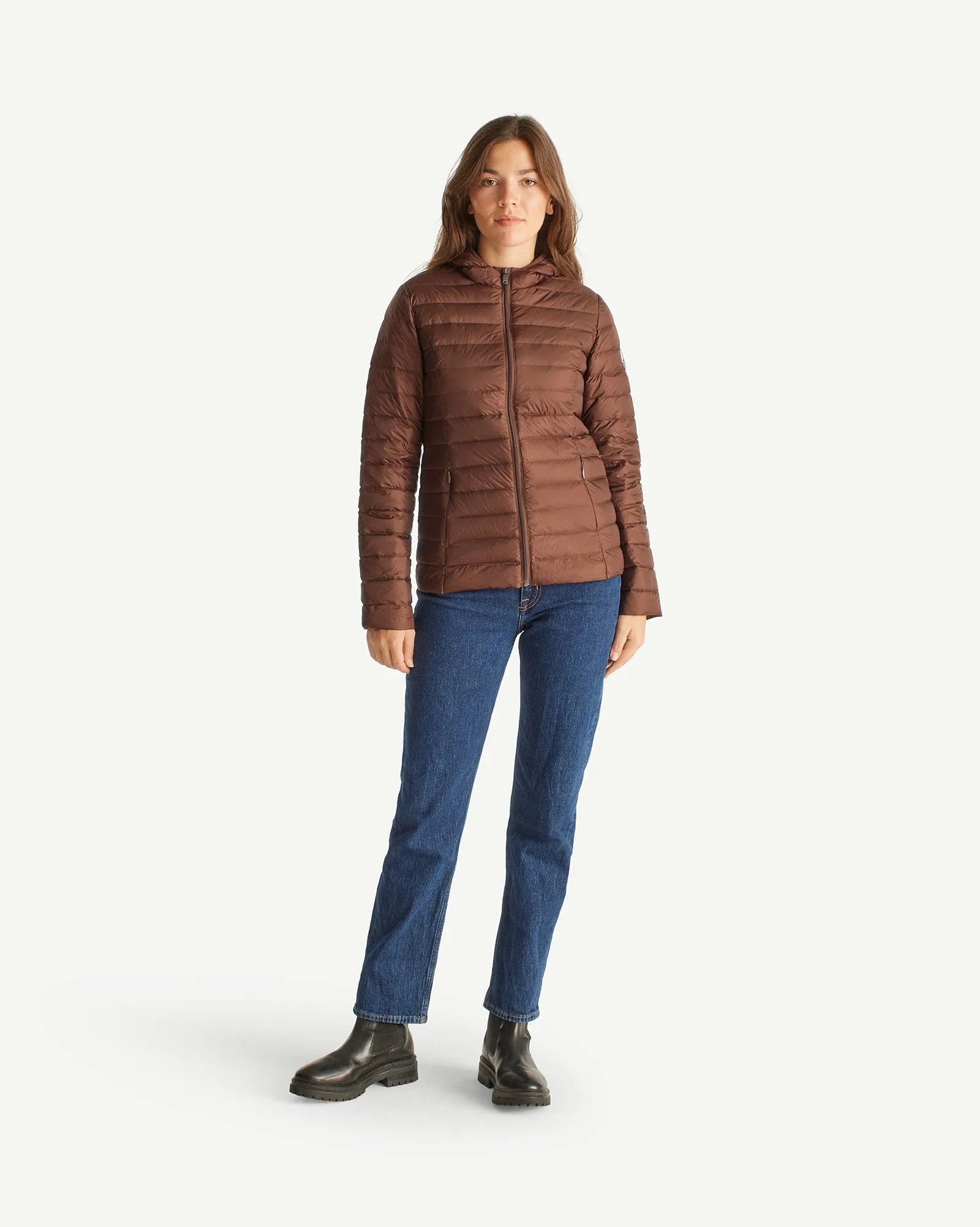 Dark chocolate Cloe lightweight hooded puffer jacket