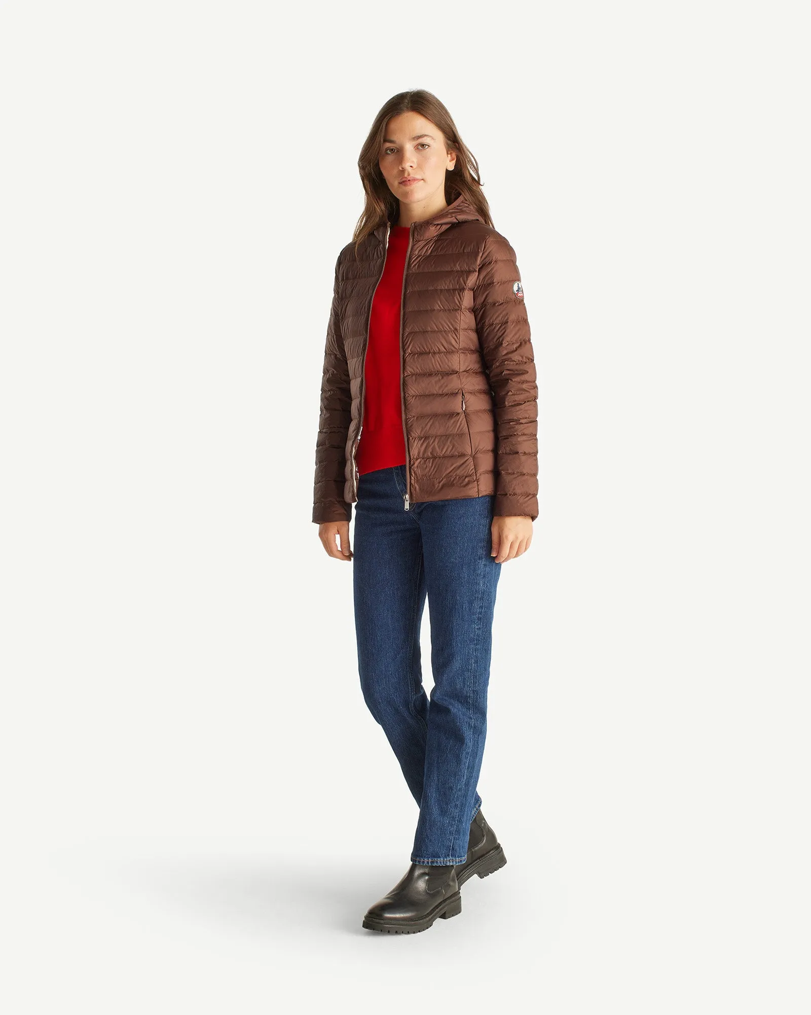 Dark chocolate Cloe lightweight hooded puffer jacket