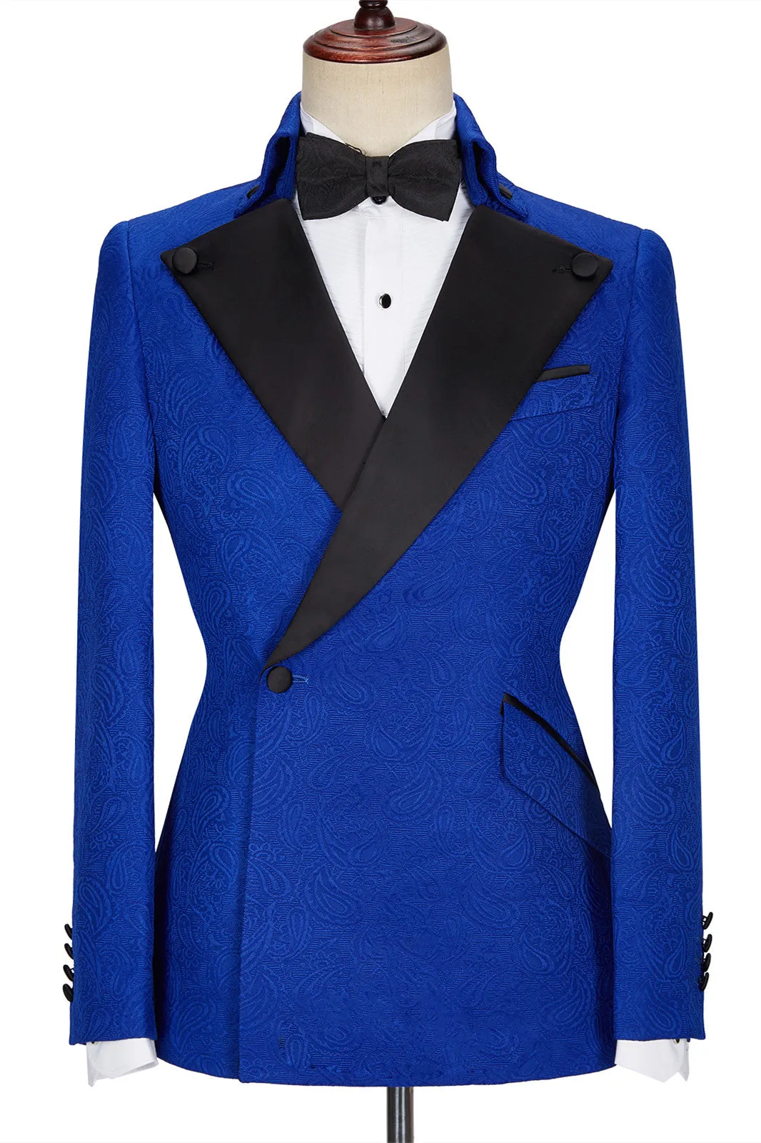 Dean Stylish New Arrival Royal Blue Jacquard Wedding Suit with Black Lapel