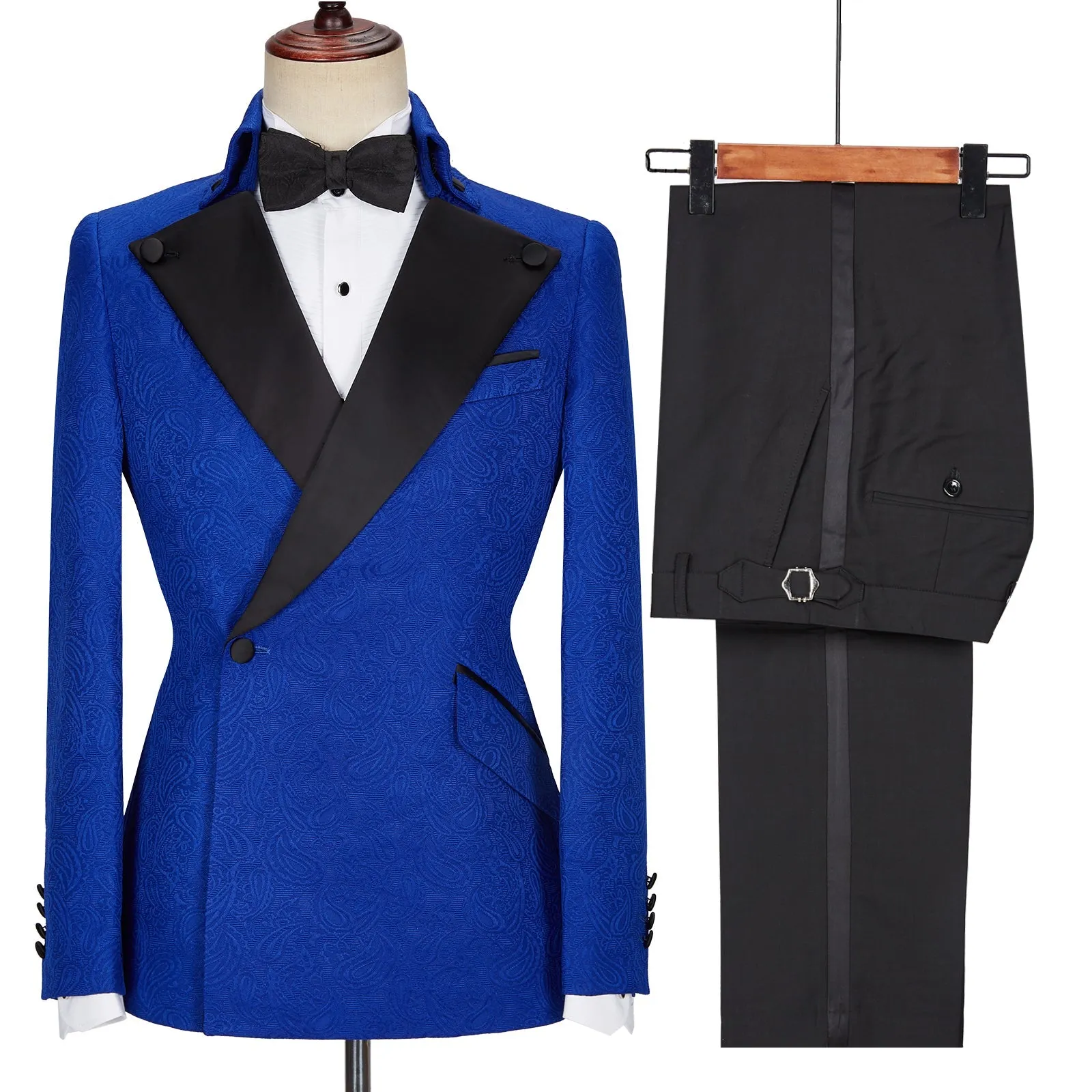 Dean Stylish New Arrival Royal Blue Jacquard Wedding Suit with Black Lapel