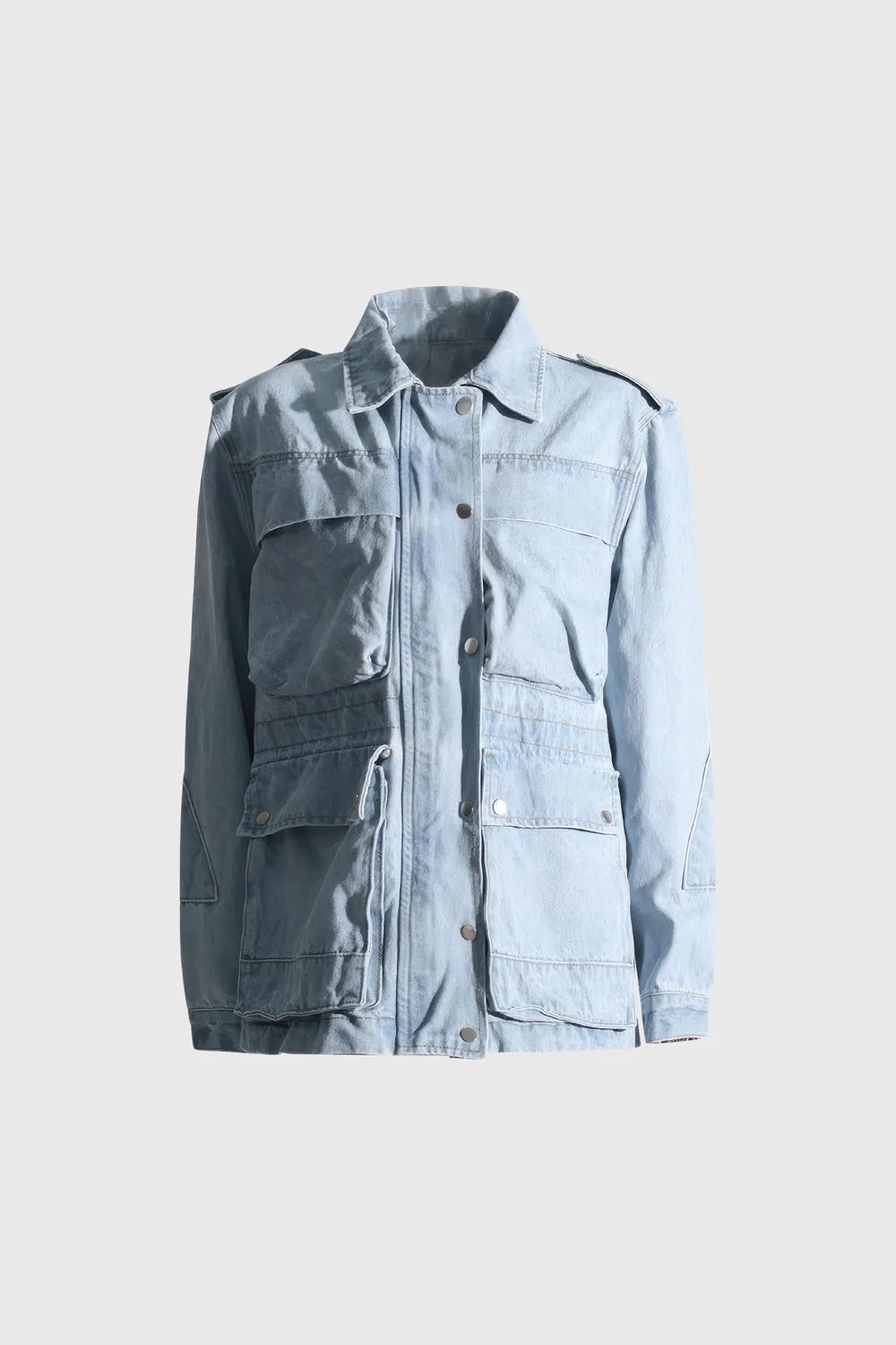 Denim Jacket with Pockets and Elastic Waist - Blue