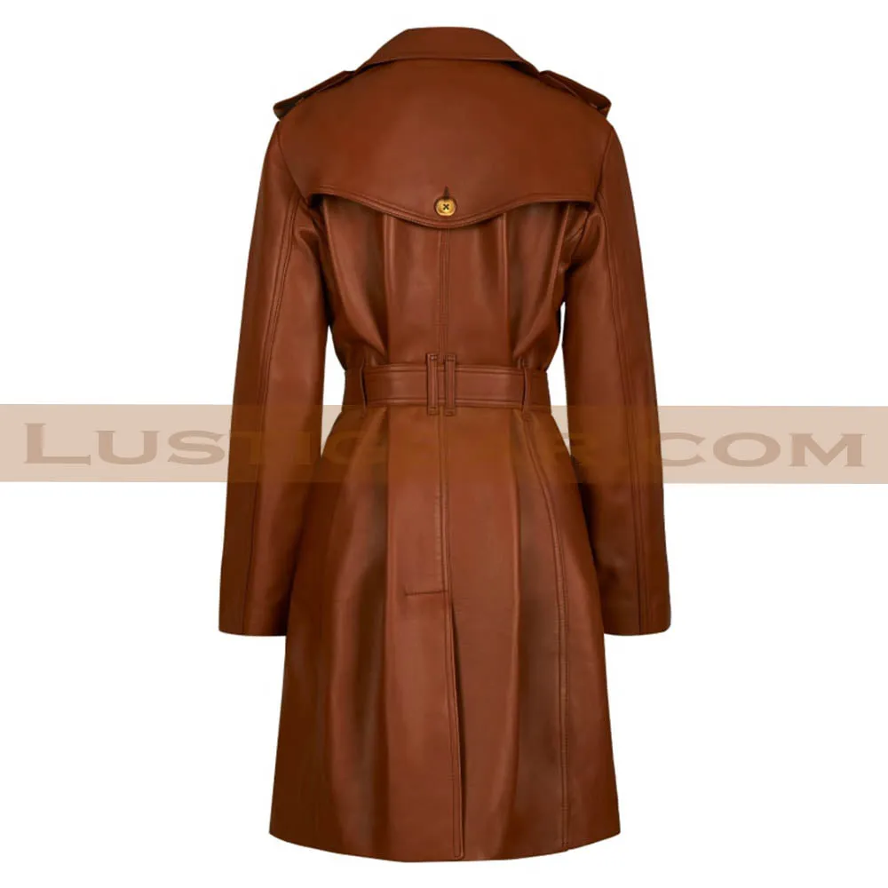 Double Breasted Belted Trench Leather Coat Womens Winter Brown Long Jacket