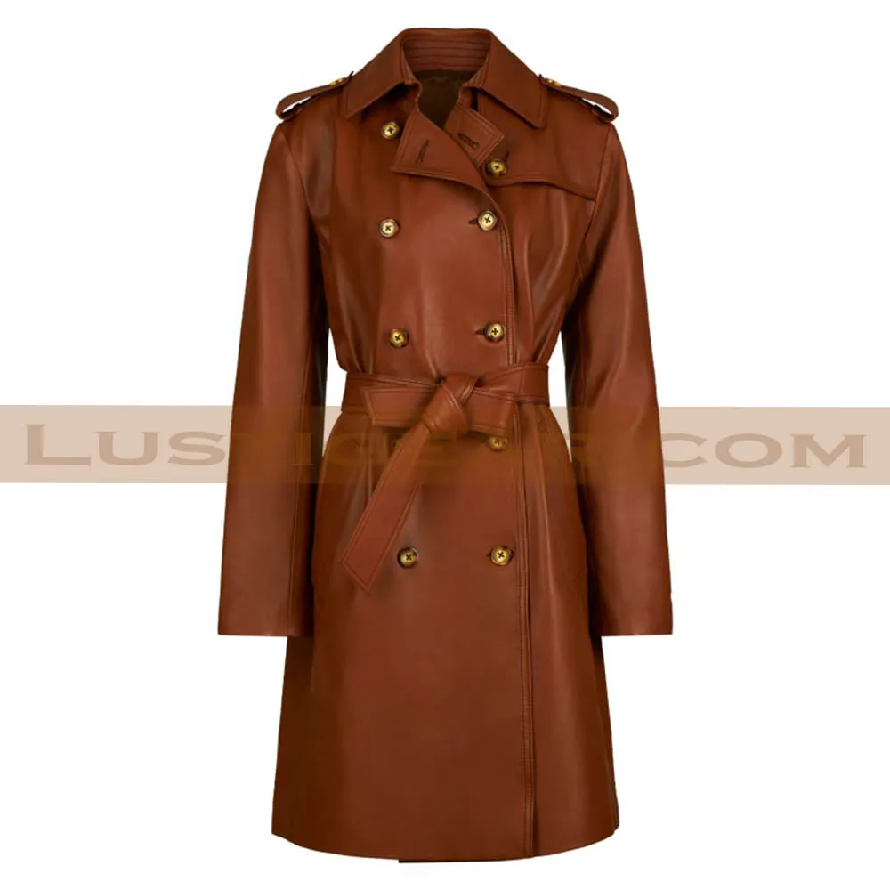 Double Breasted Belted Trench Leather Coat Womens Winter Brown Long Jacket