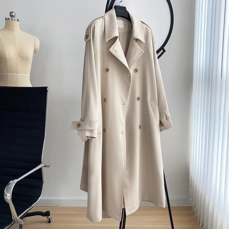 Draping British Loose Mid-Length Over The Knee Trench Coat Beige