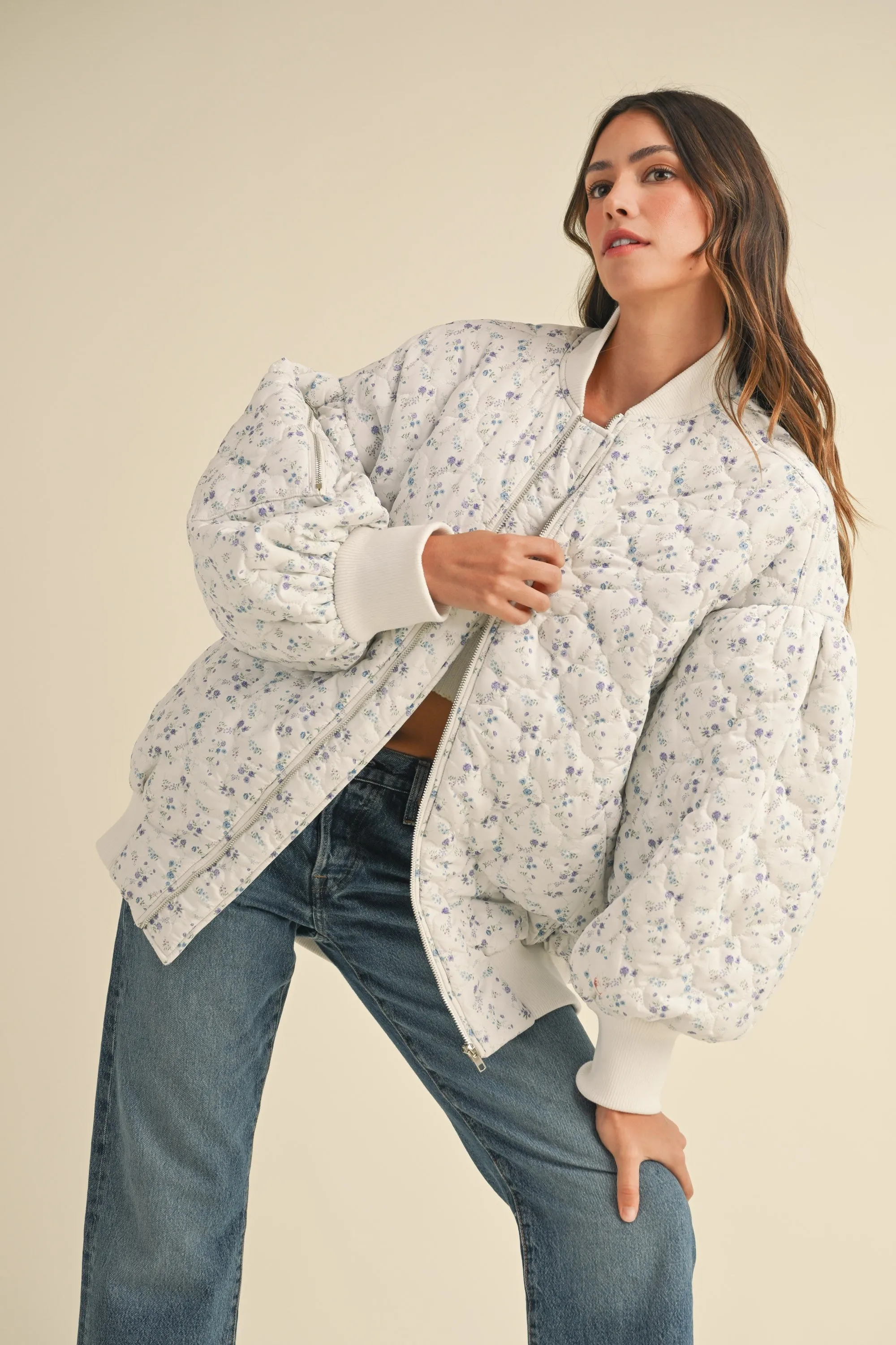 Elsa Oversized Floral Puffer Bomber Jacket