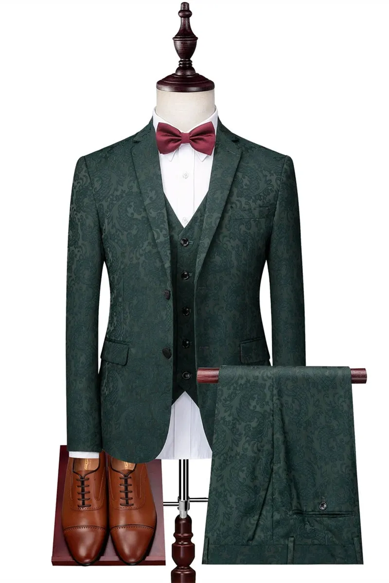 Evan Three-Piece Notched Lapel Dark Green Jacquard Prom Suit