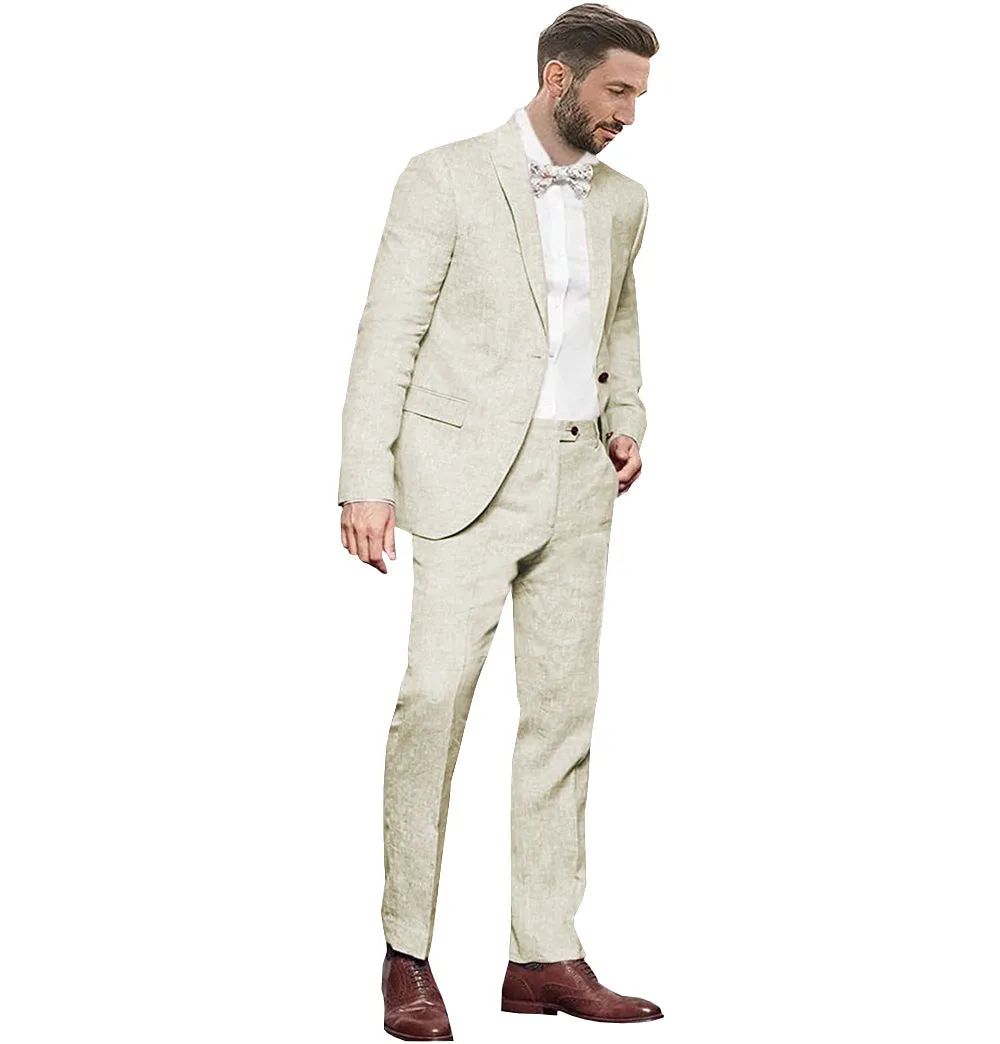 Fashion Men's 2 Pieces Mens Suit Notch Lapel Linen For Wedding (Blazer Pants)