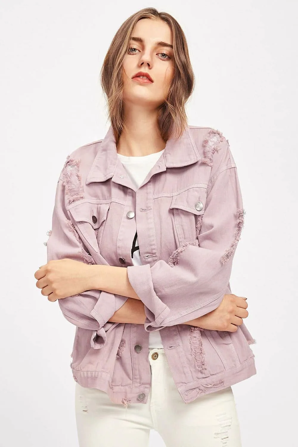 Fashion Purple Long Sleeve Denim Trucker Jacket