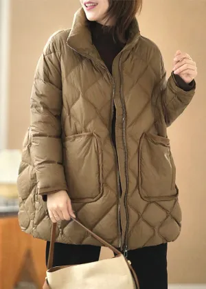 Fine Khaki Zip Up Oversized Thick Big Pockets Duck Down Puffer Jacket Winter