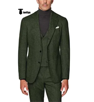 Formal Men's 3 Piece Suit Herringbone Tweed Notch Lapel Tuxedos (Blazer vest Pants)