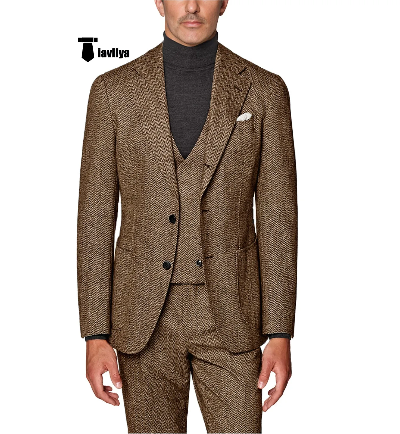 Formal Men's 3 Piece Suit Herringbone Tweed Notch Lapel Tuxedos (Blazer vest Pants)