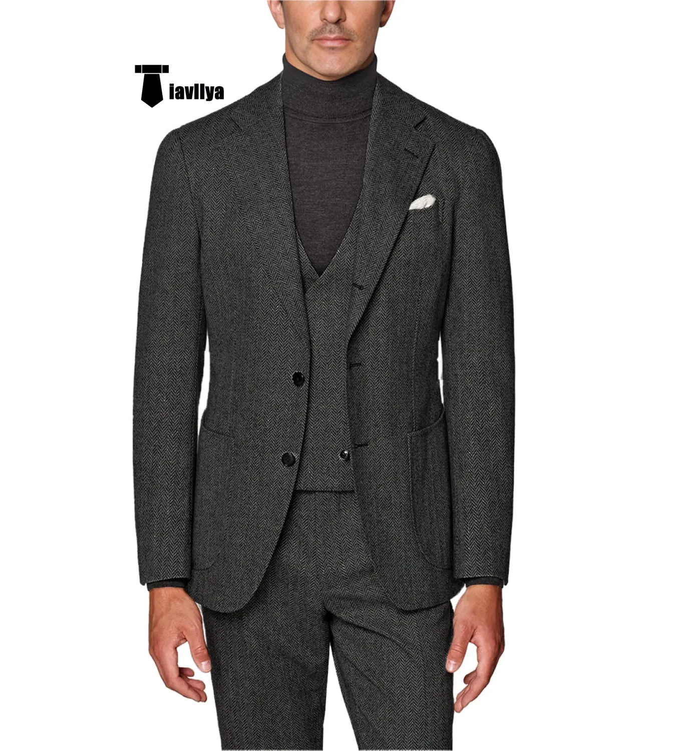 Formal Men's 3 Piece Suit Herringbone Tweed Notch Lapel Tuxedos (Blazer vest Pants)