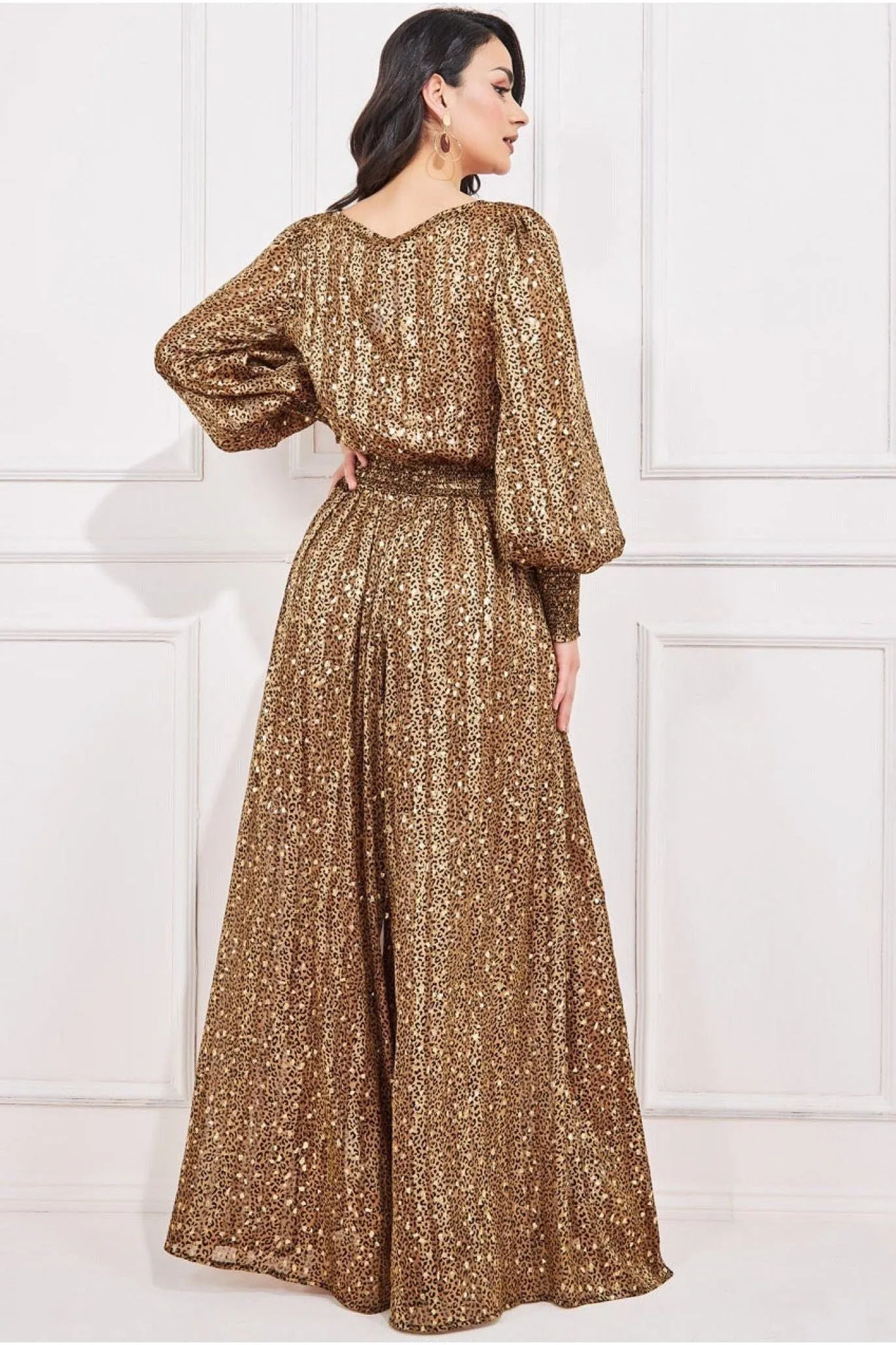 Goddiva Shirred Waist Chiffon Printed Maxi - Leopard Print