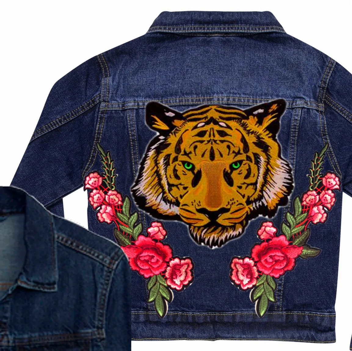 Green Eyed Tiger and Roses Denim Jacket