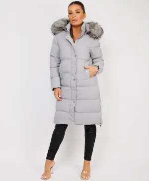 Grey Maxi Faux Fur Hood Padded Puffer Jacket