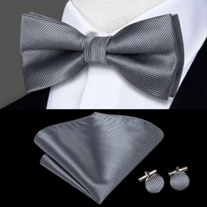 Grey Striped Pre-tied Bow Tie Hanky Cufflinks Set