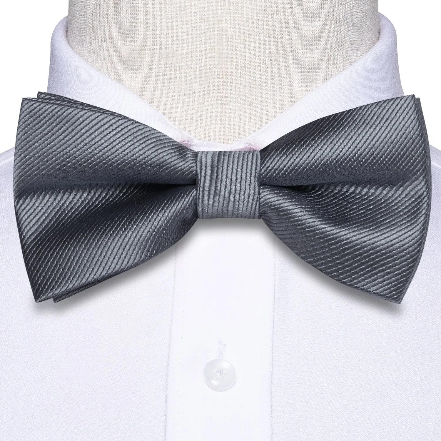 Grey Striped Pre-tied Bow Tie Hanky Cufflinks Set