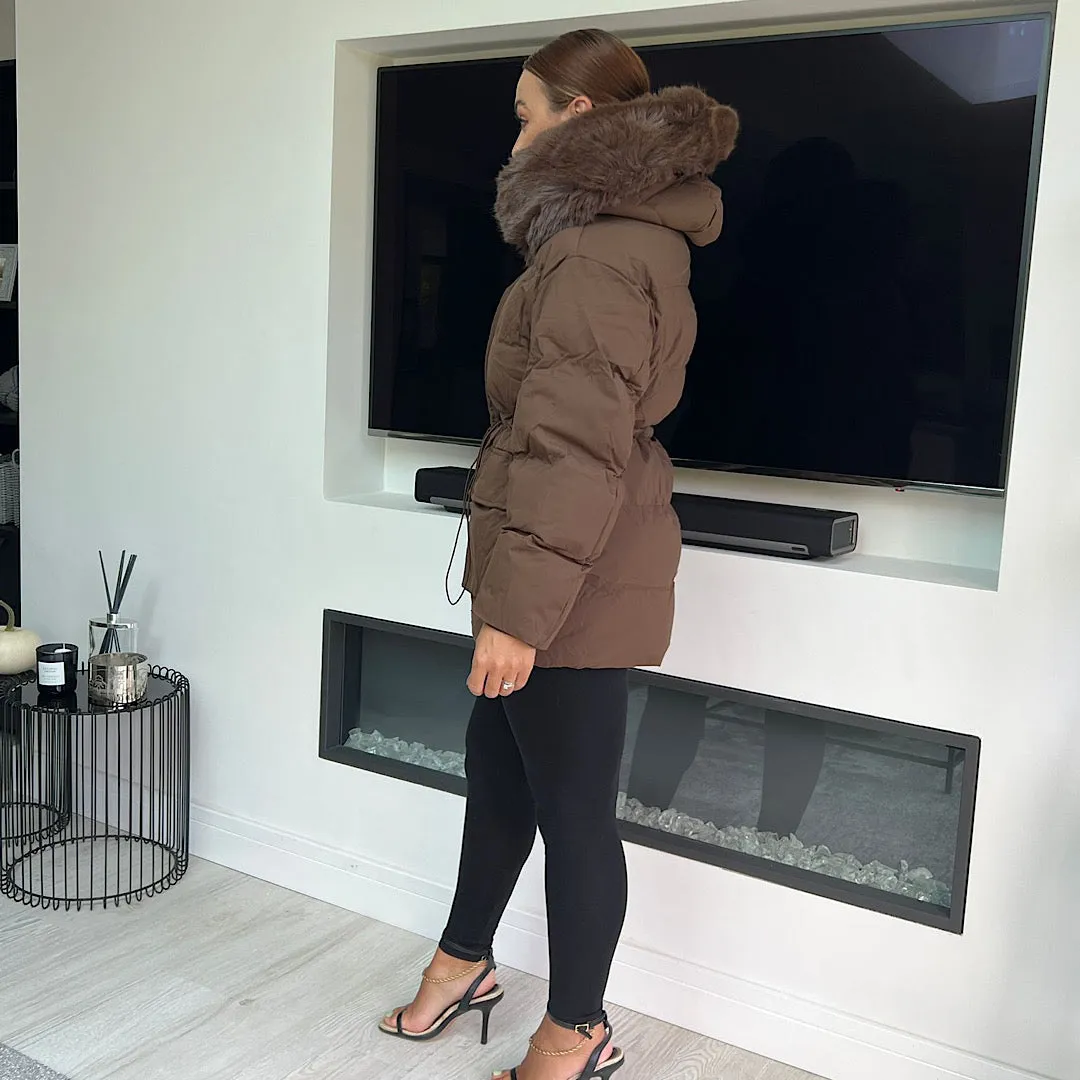 HALLIE Brown Faux Fur Hooded Coat