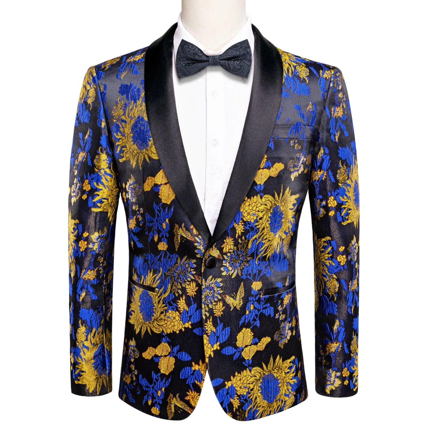 Hi-Tie Black Shawl Lapel Dinner Suit Yellow Blue Floral Men's Blazer