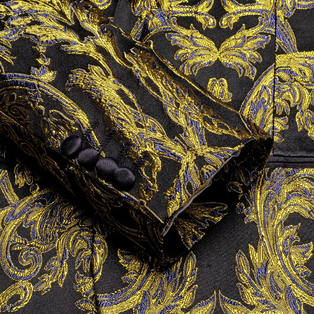 Hi-Tie Black Shawl Lapel Golden Blue Black Paisley Men's Suit Set