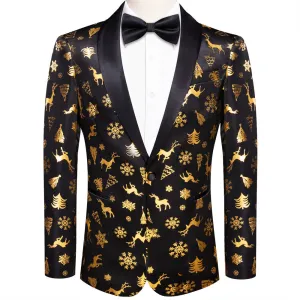 Hi-Tie Mens Silk Suit Black Gold Christmas Snow Tree Festival Suit for Men