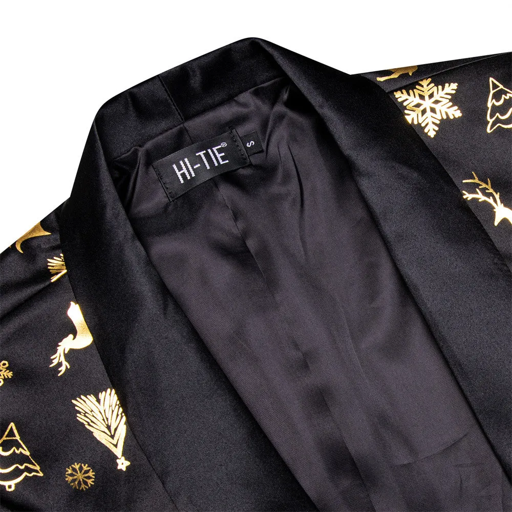 Hi-Tie Mens Silk Suit Black Gold Christmas Snow Tree Festival Suit for Men