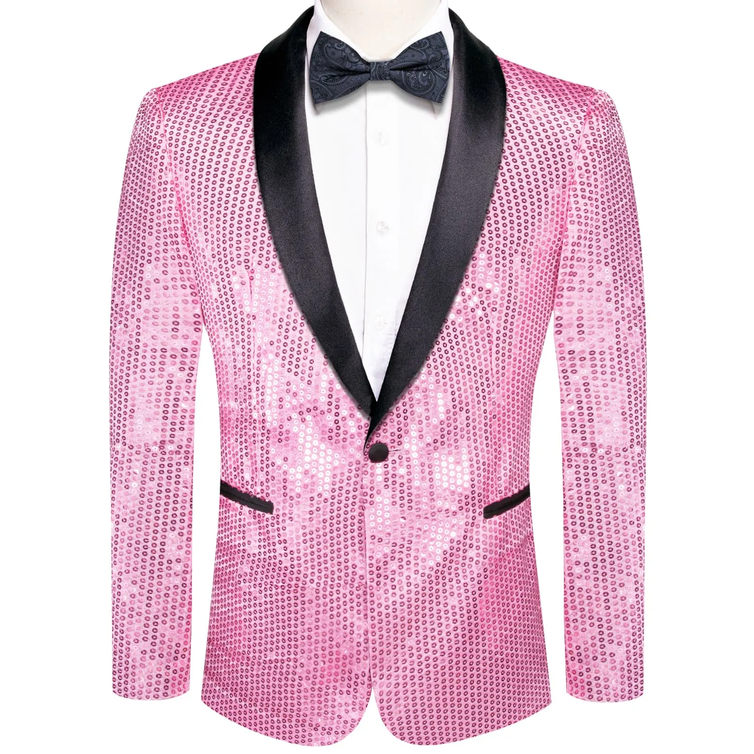 Hi-Tie Sequin Blazer Black Shawl Collar Pink Solid Suit Tie Set