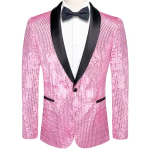 Hi-Tie Sequin Blazer Black Shawl Collar Pink Solid Suit Tie Set