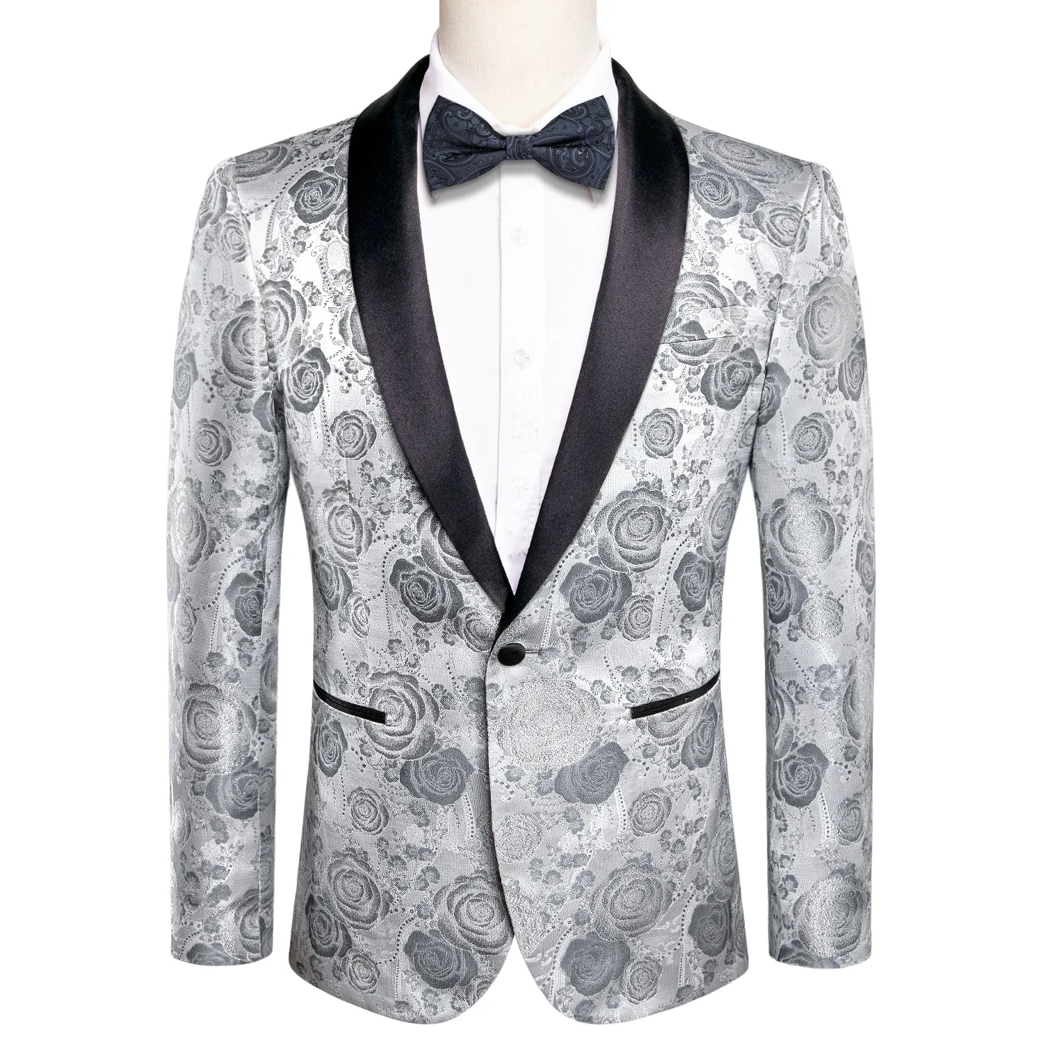 Hi-Tie Wedding Blazer Sliver Grey Roses White Floral Men's Suit Set